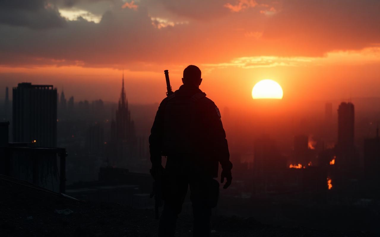A lone survivor watches the sun set over a ruined city