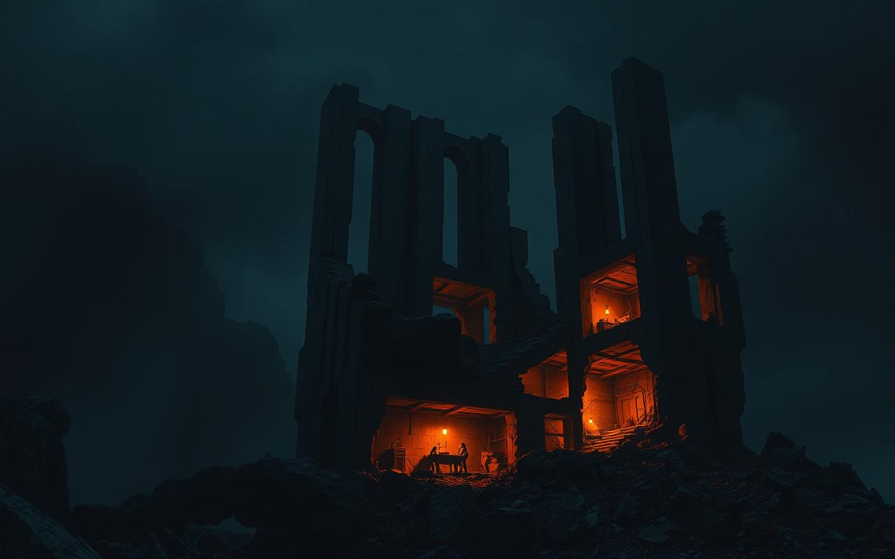A fortified base built inside the ruins of a concrete tower