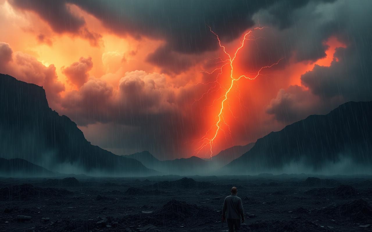 A violent orange lightning storm over a wasteland