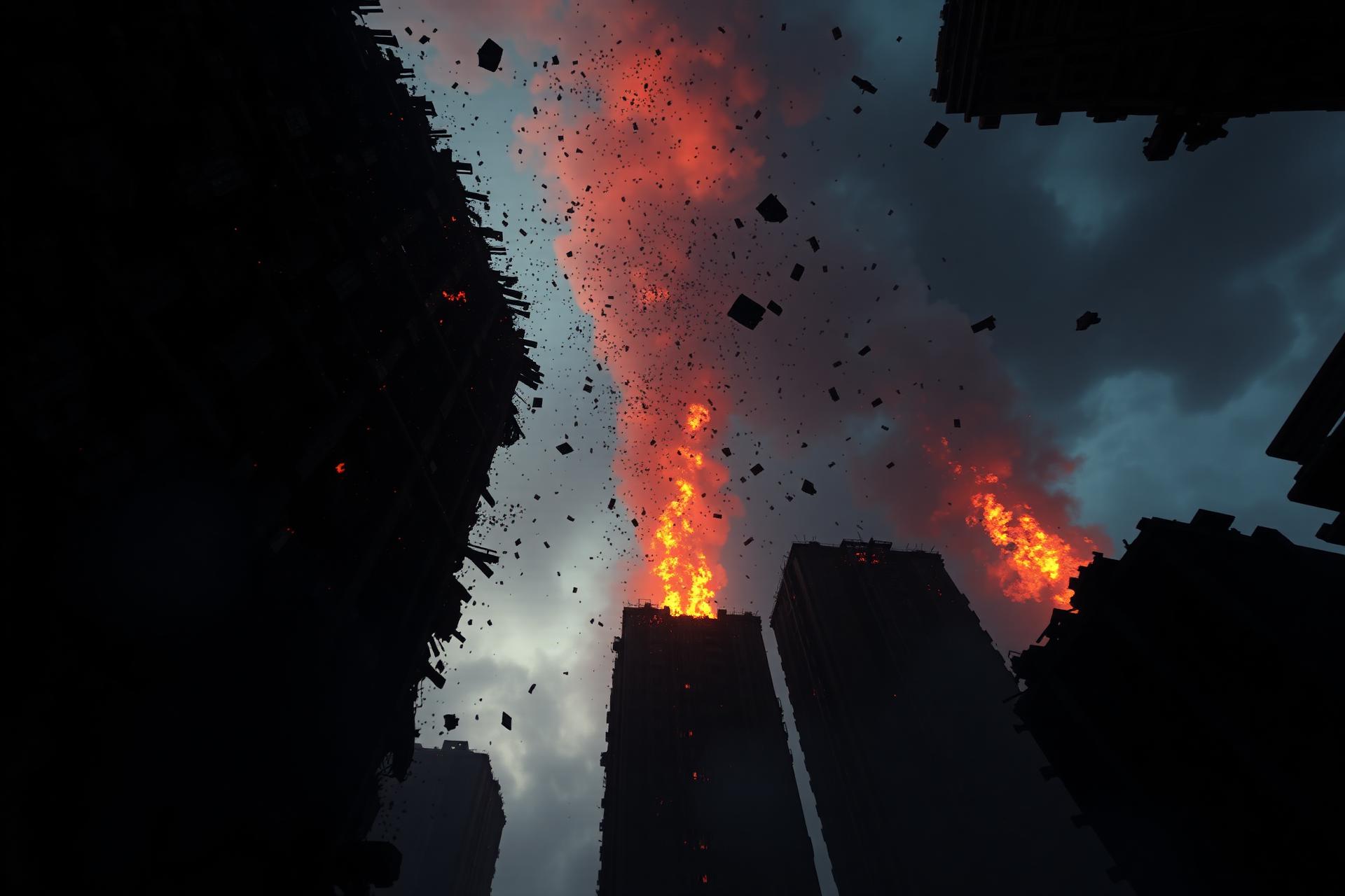A vast ruined city at dusk under a red sky