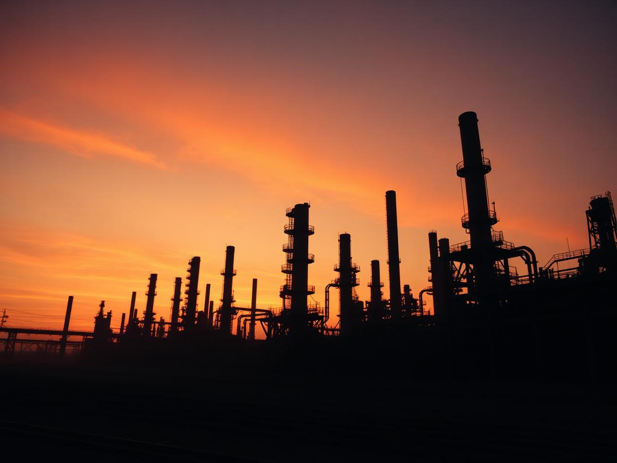 A silhouetted industrial refinery under an orange dusk sky