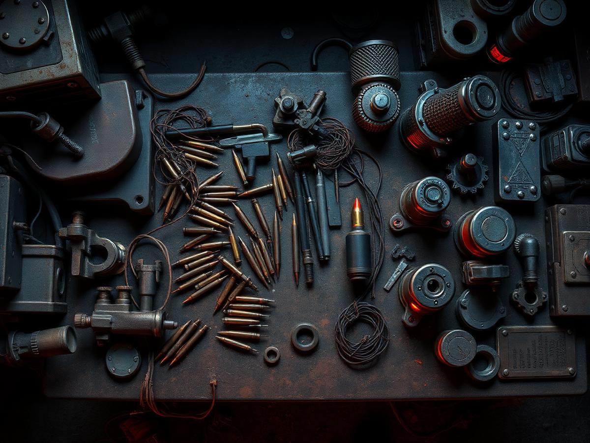 A weathered crafting bench with scavenged components