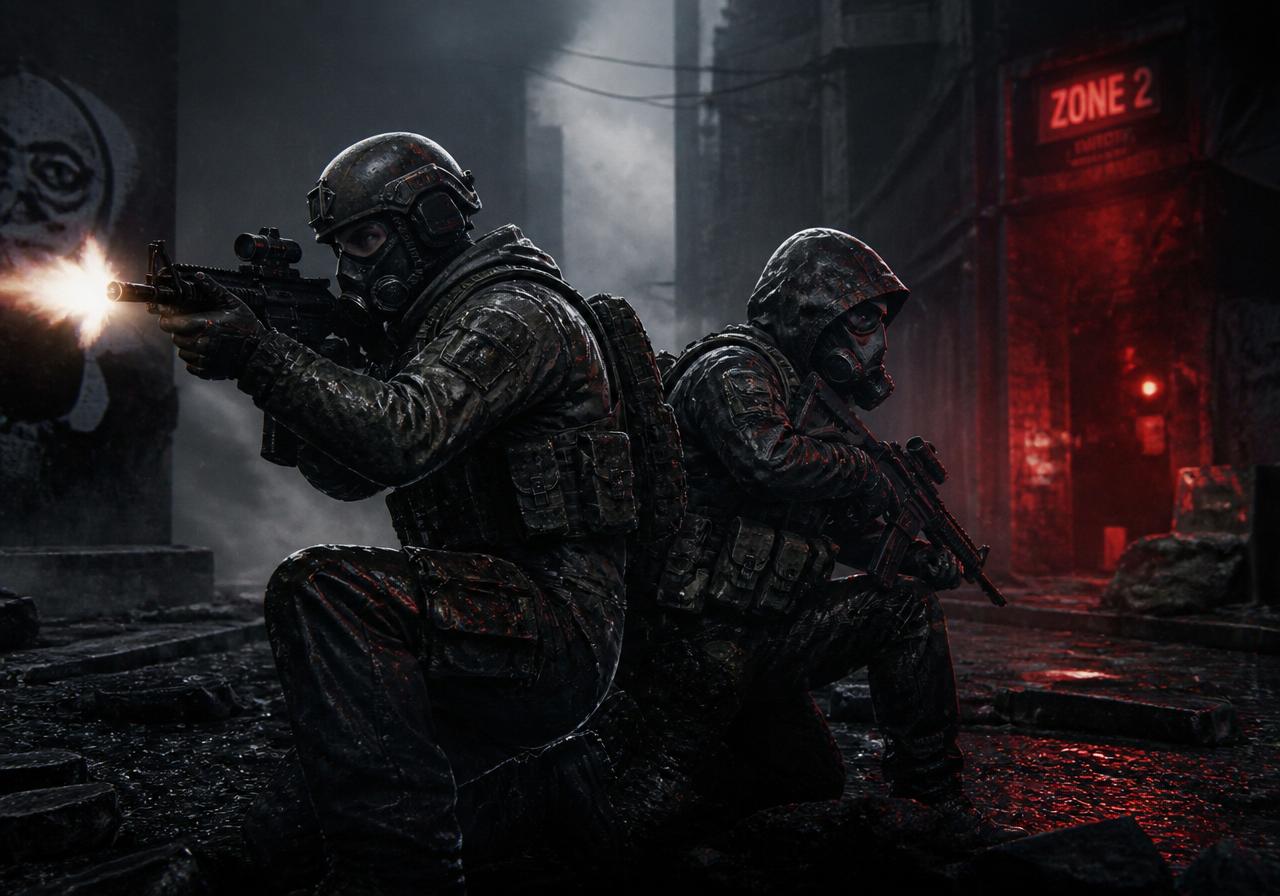 Two armored survivors back-to-back in a dark alley firefight