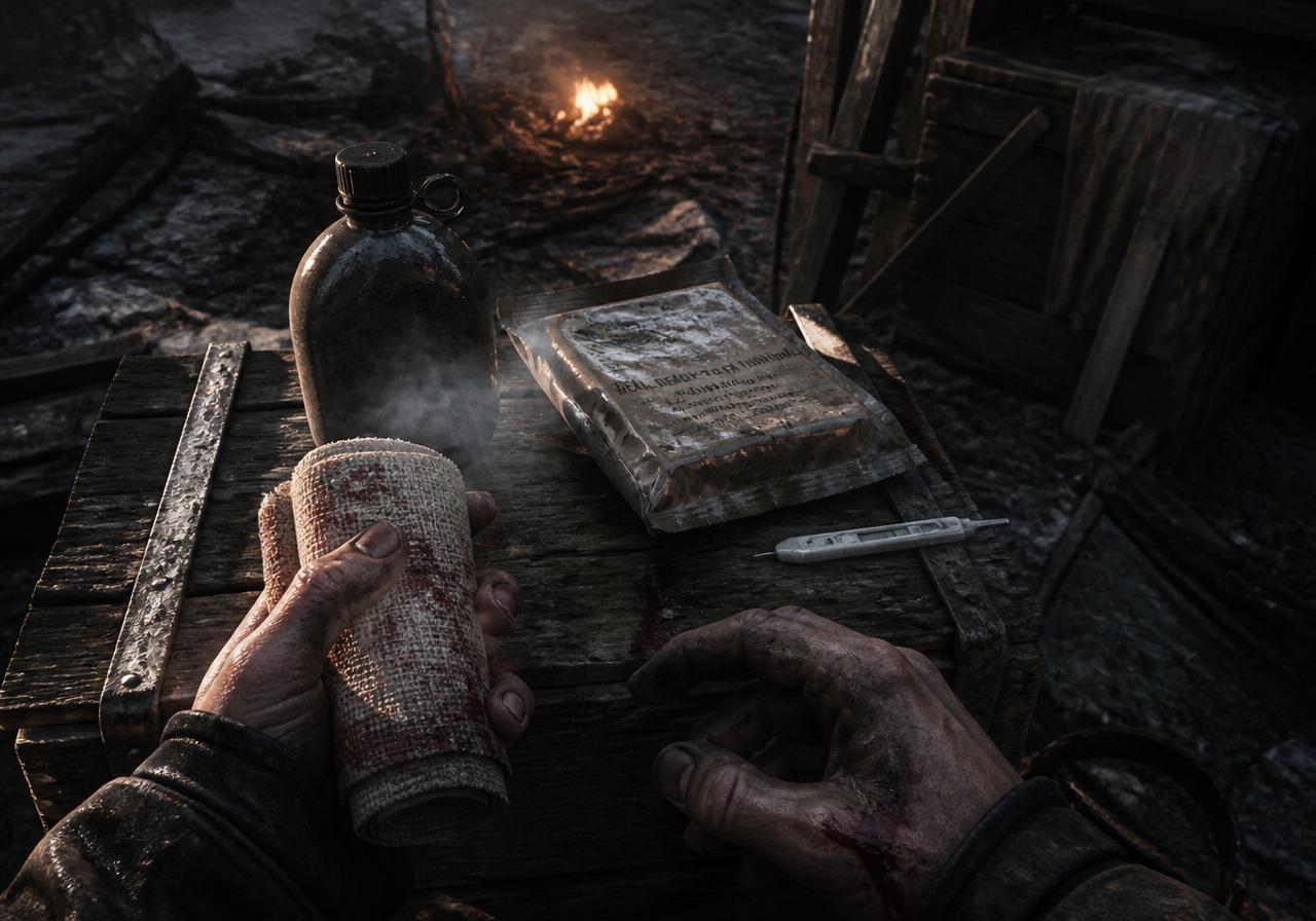 First-person hands with a bloodied bandage, canteen and MRE by firelight